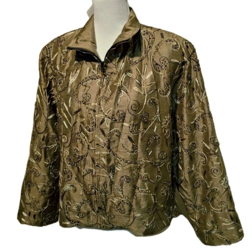 Vintage Anage 100% Silk Beaded Embroidered Zip-Up Jacket Olive Green Large